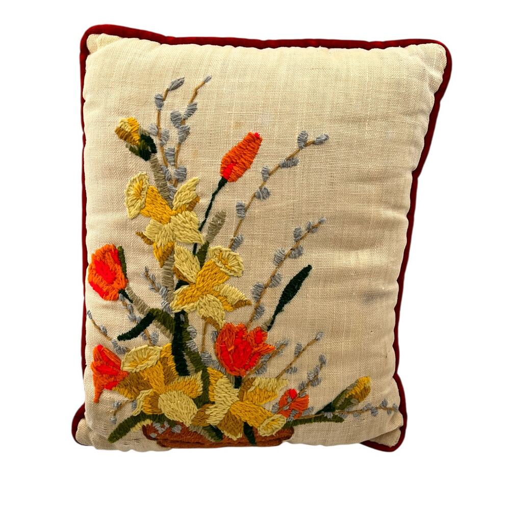 Vintage Floral Velour Accent Crewel Pillow Red Yellow 60s/70s Bohemian Fall